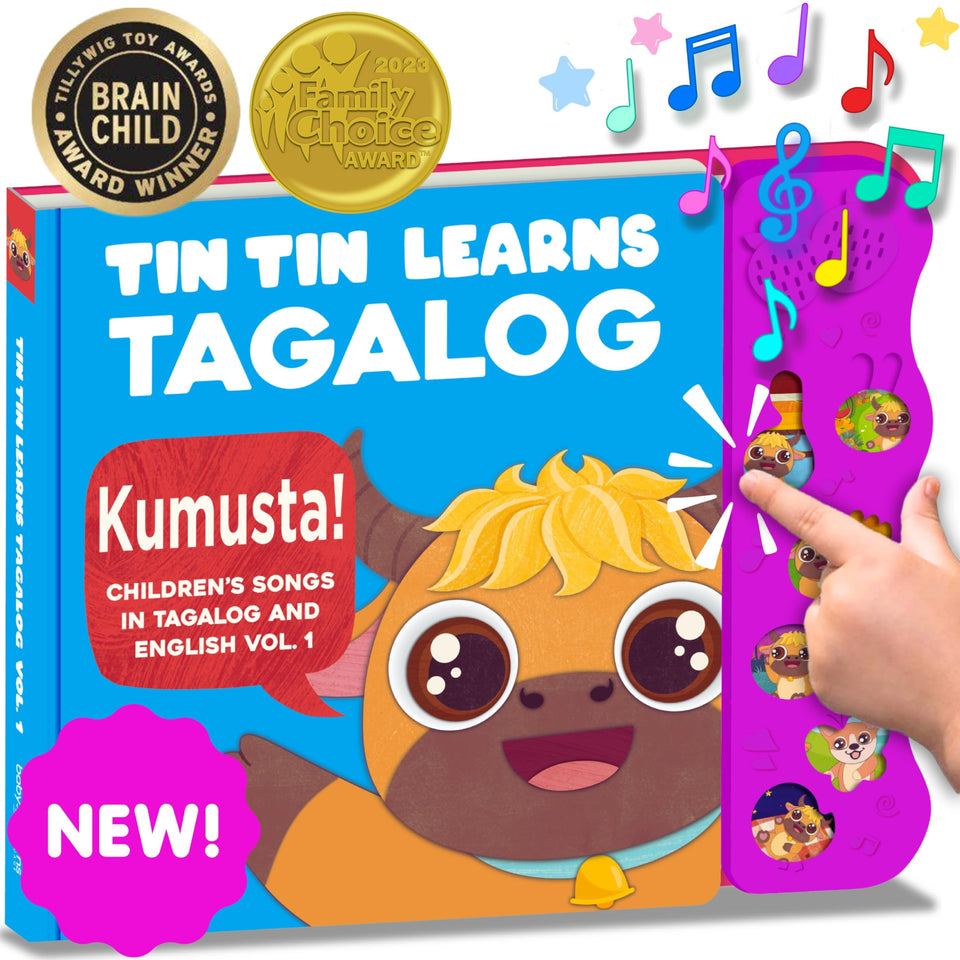 Tin Tin Learns Tagalog Vol. 1 cover image promoting bilingual learning for toddlers