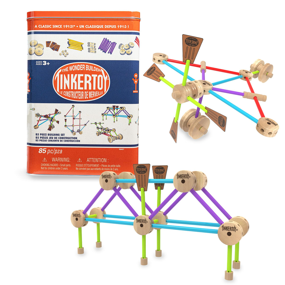 Tinkertoy retro building set tin with 85 pieces for creative building play.