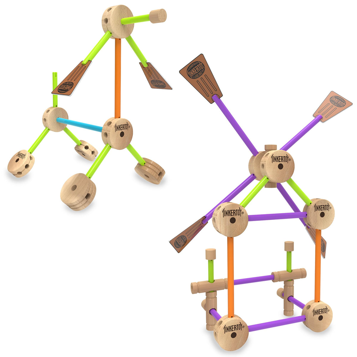 Wood and plastic Tinkertoy pieces snap together easily for quick builds.