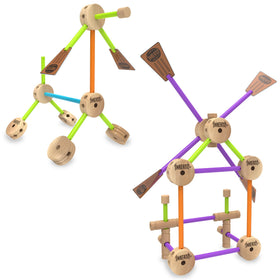 Wood and plastic Tinkertoy pieces snap together easily for quick builds.