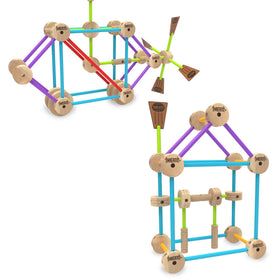 Tinkertoy wood and plastic pieces ready to snap together for easy, durable play.