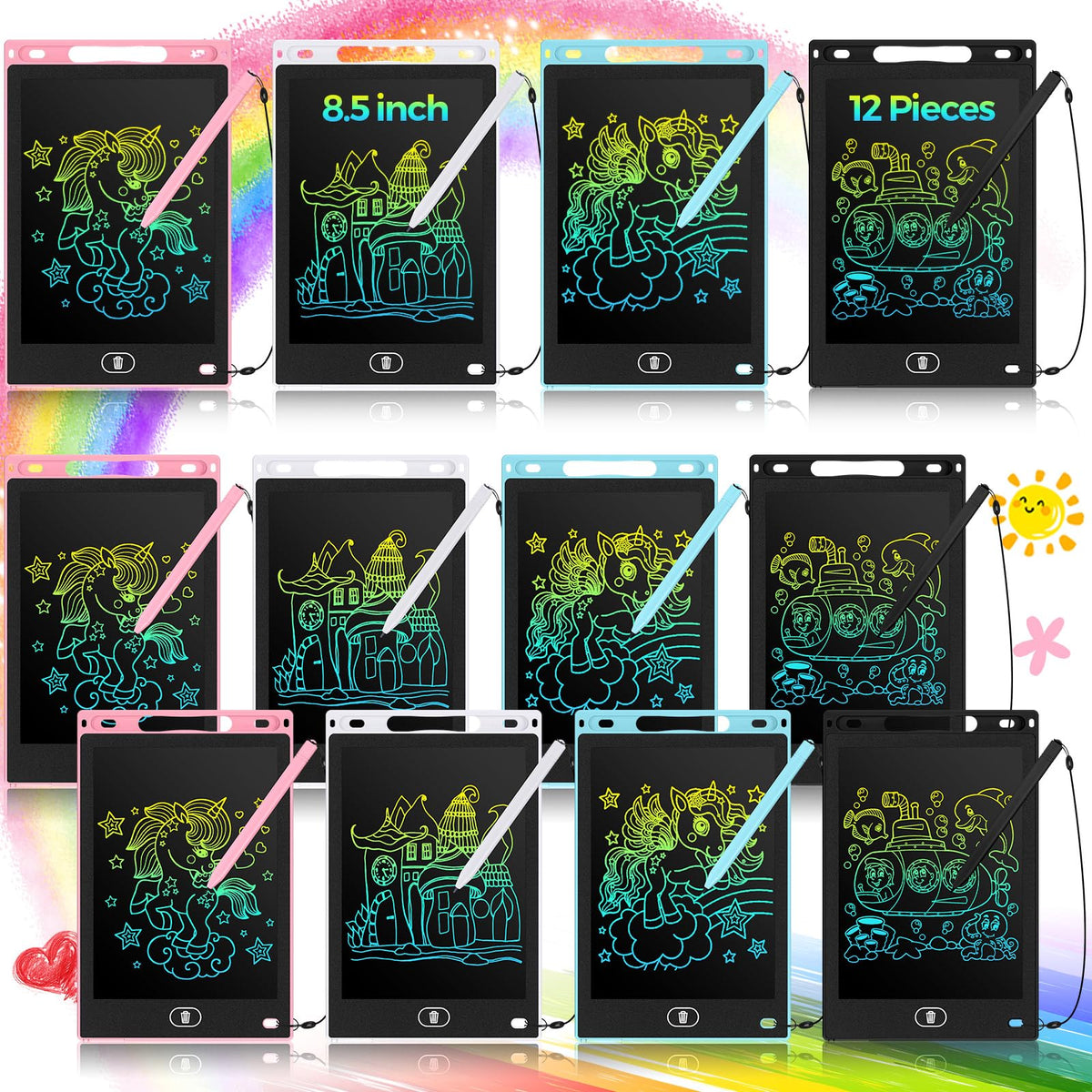Tinlade 12-pack LCD writing tablets bundle shown for mess-free creative play and learning.