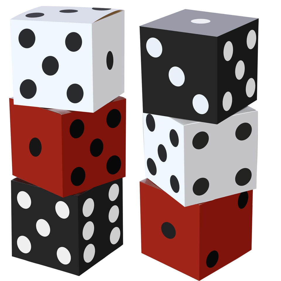 Tinlade six-pcs dice boxes in red, white, and black add bold casino ambiance