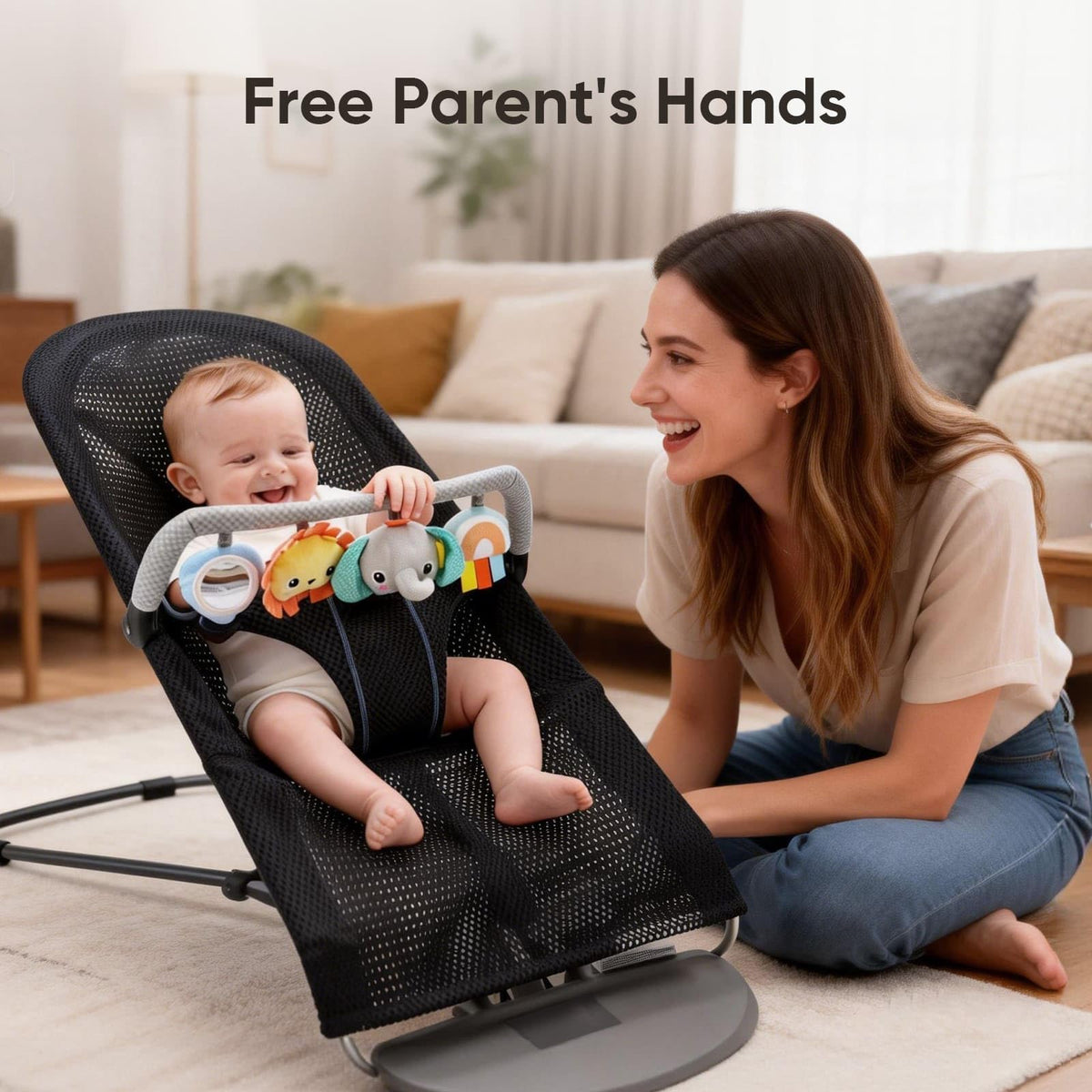 TinlyFinly baby bouncer in use keeps baby engaged with colorful toys