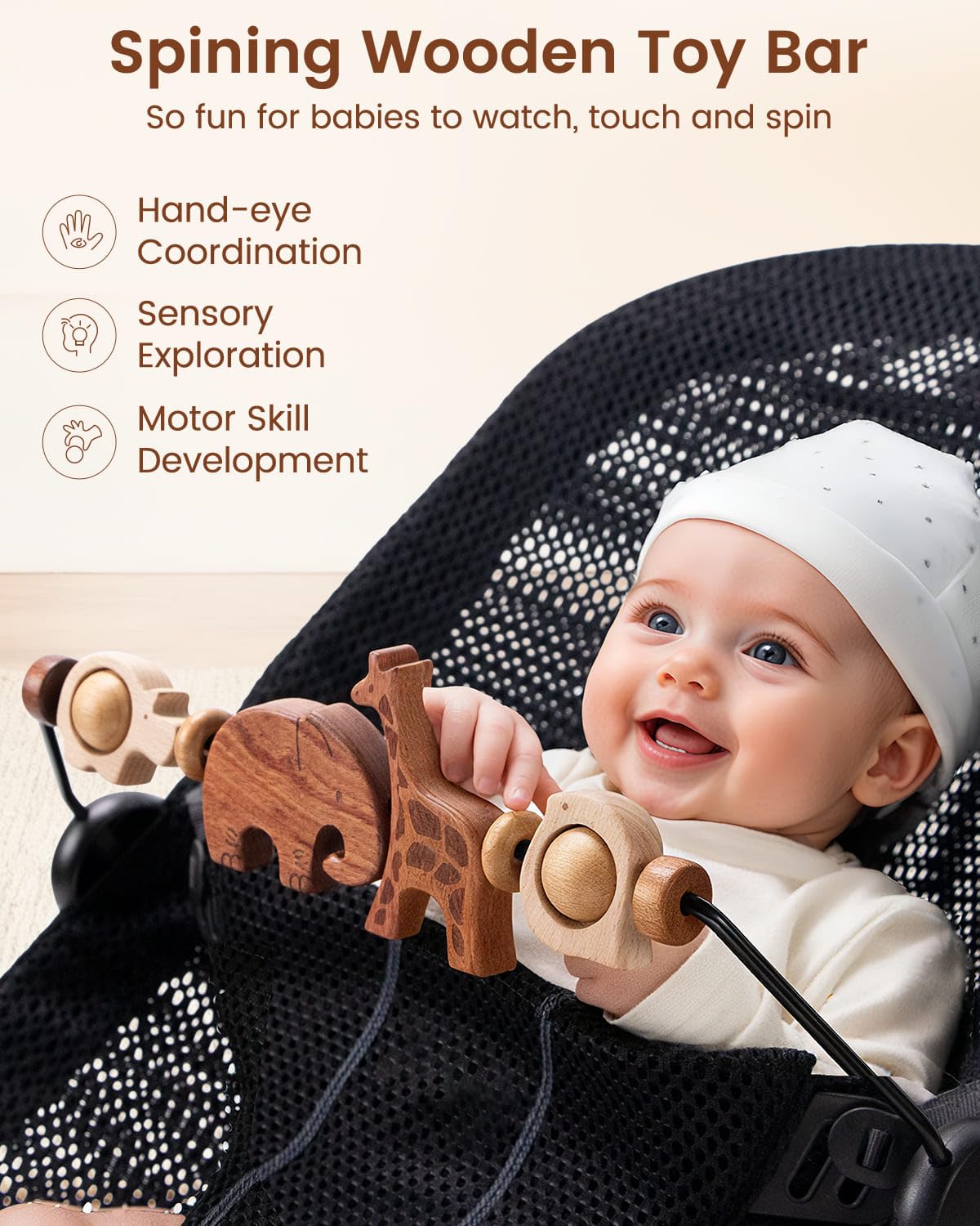 TinlyFinly clip attachment demonstrates secure fit for Baby Bjorn compatible bouncers.