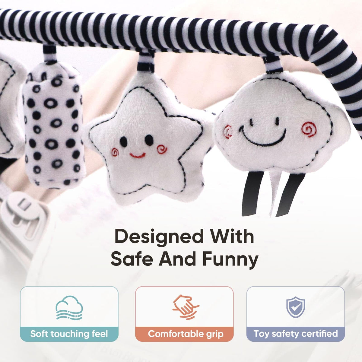 TinlyFinly cylinder rattle toy bar stimulates grasping and shaking play.