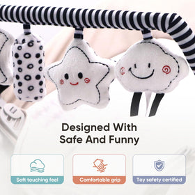 TinlyFinly cylinder rattle toy bar stimulates grasping and shaking play.