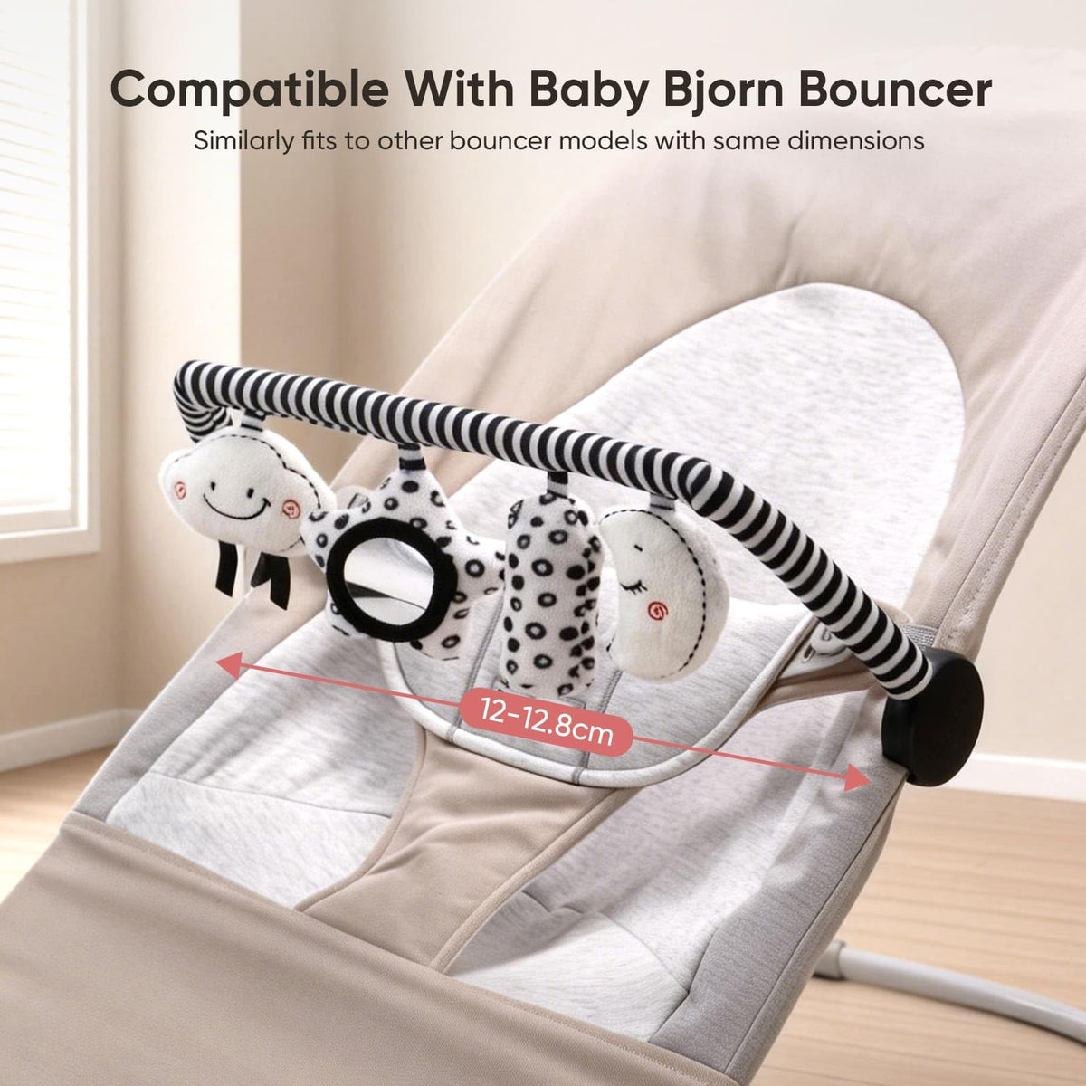 TinlyFinly end clips secure to Baby Bjorn bouncer for safe use.
