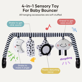 TinlyFinly moon crinkle toy on bar encourages tactile exploration for little hands.