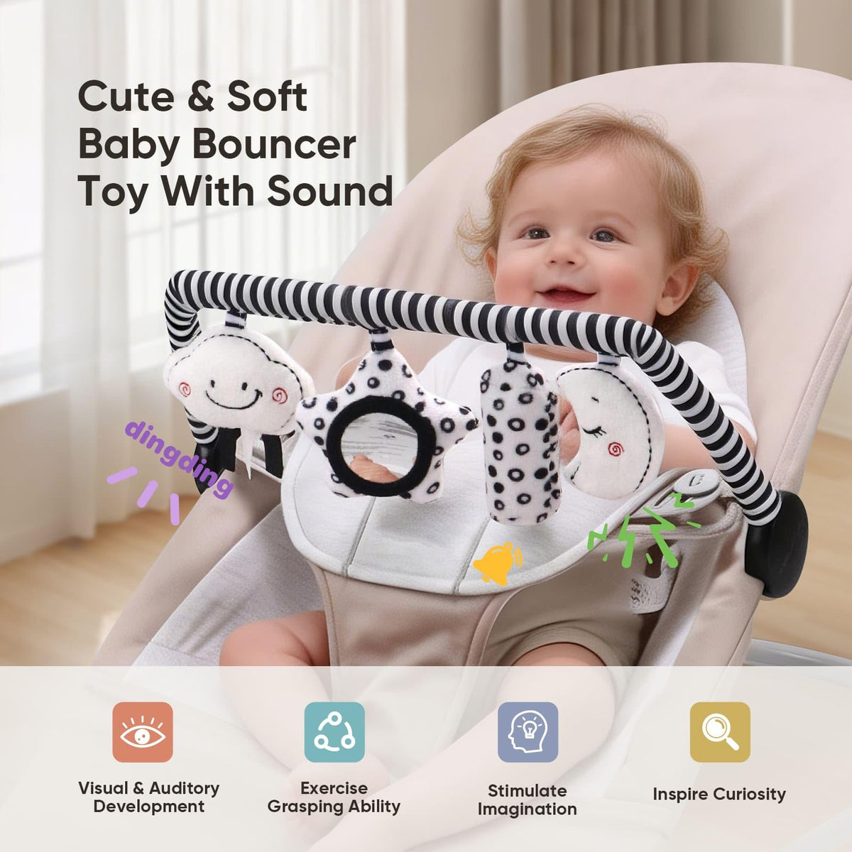 TinlyFinly star with mirror on toy bar promotes light tracking and curiosity.
