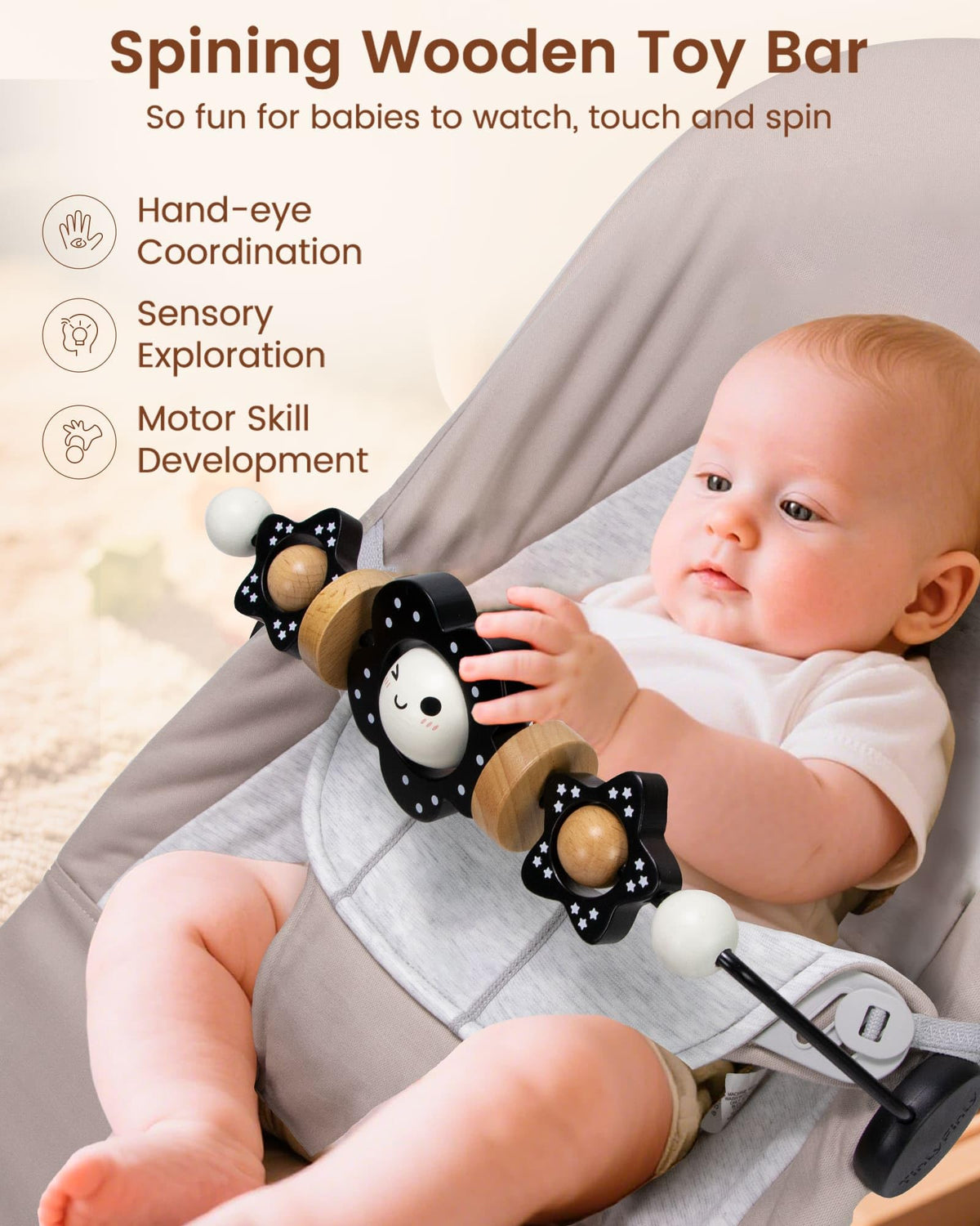TinlyFinly Bjorn-compatible bouncer bar ensures tight fit for safe uninterrupted playtime.