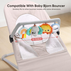TinlyFinly clip-end attachments secure the toy bar to the bouncer