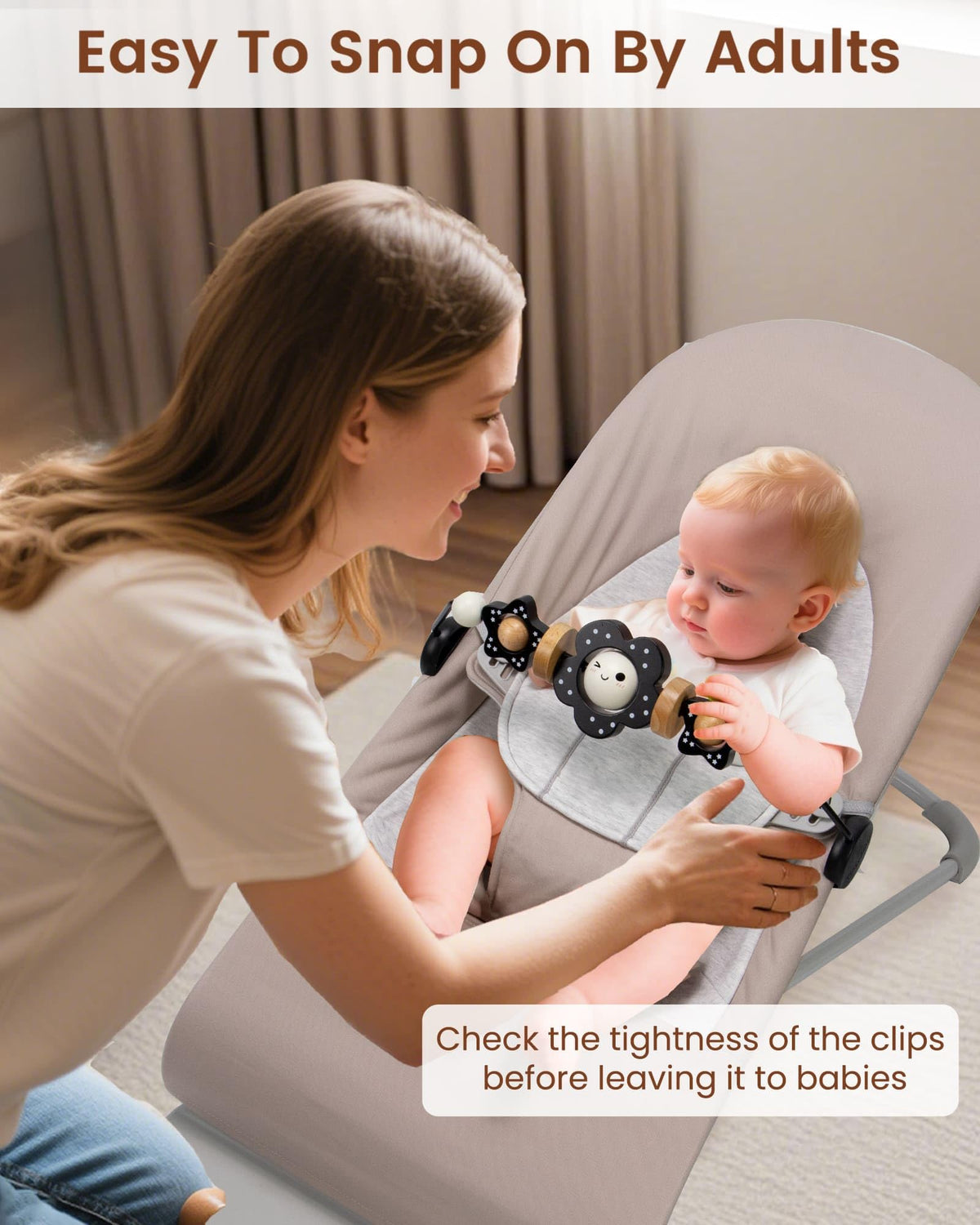 TinlyFinly easy-install bar stays securely on bouncers, freeing hands for parents.