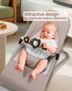 TinlyFinly toy bar attachment with nylon clips for secure, easy setup on compatible bouncers.