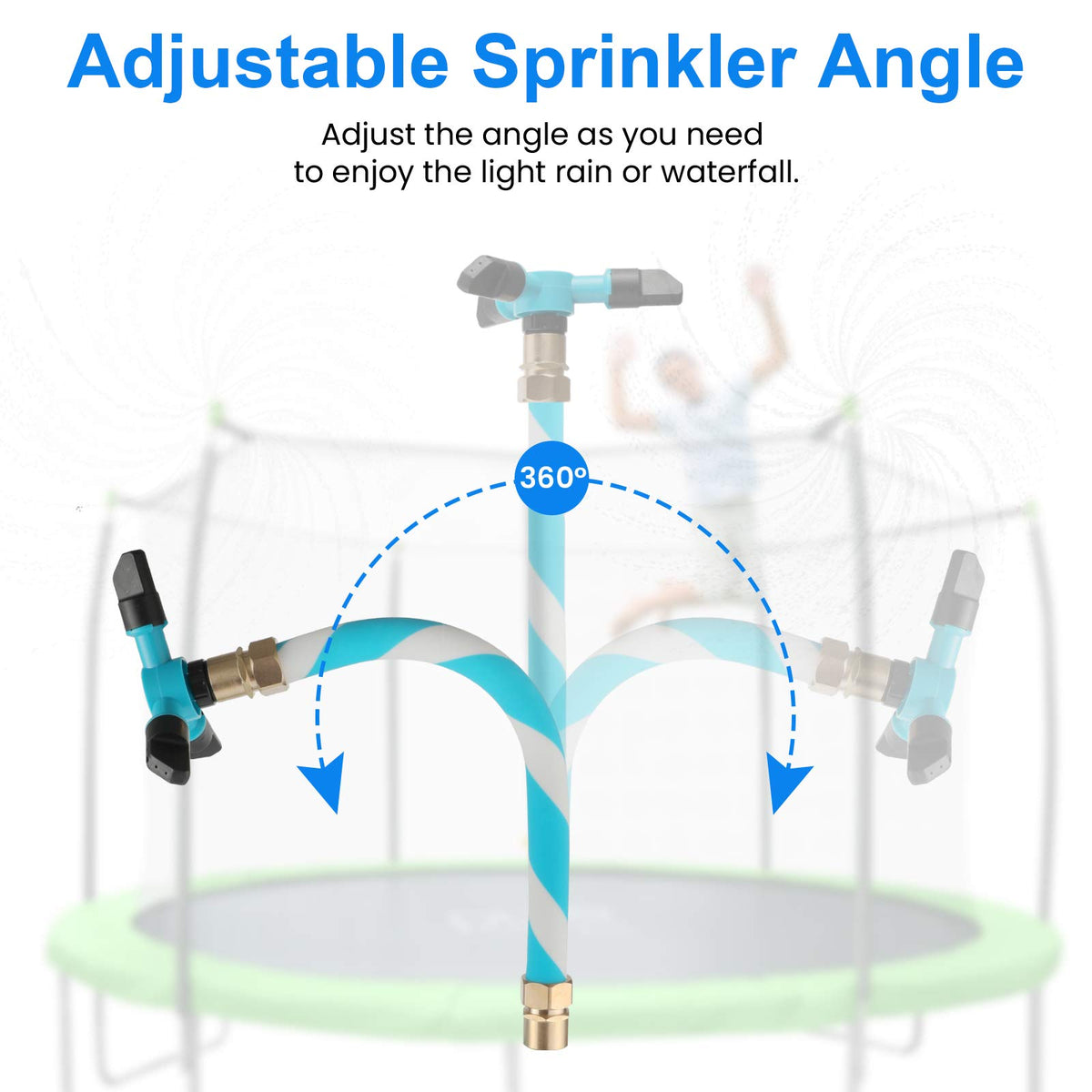 TINPOO trampoline sprinkler with 360° rotating arms blue delivers wide splash zones for safe fun.