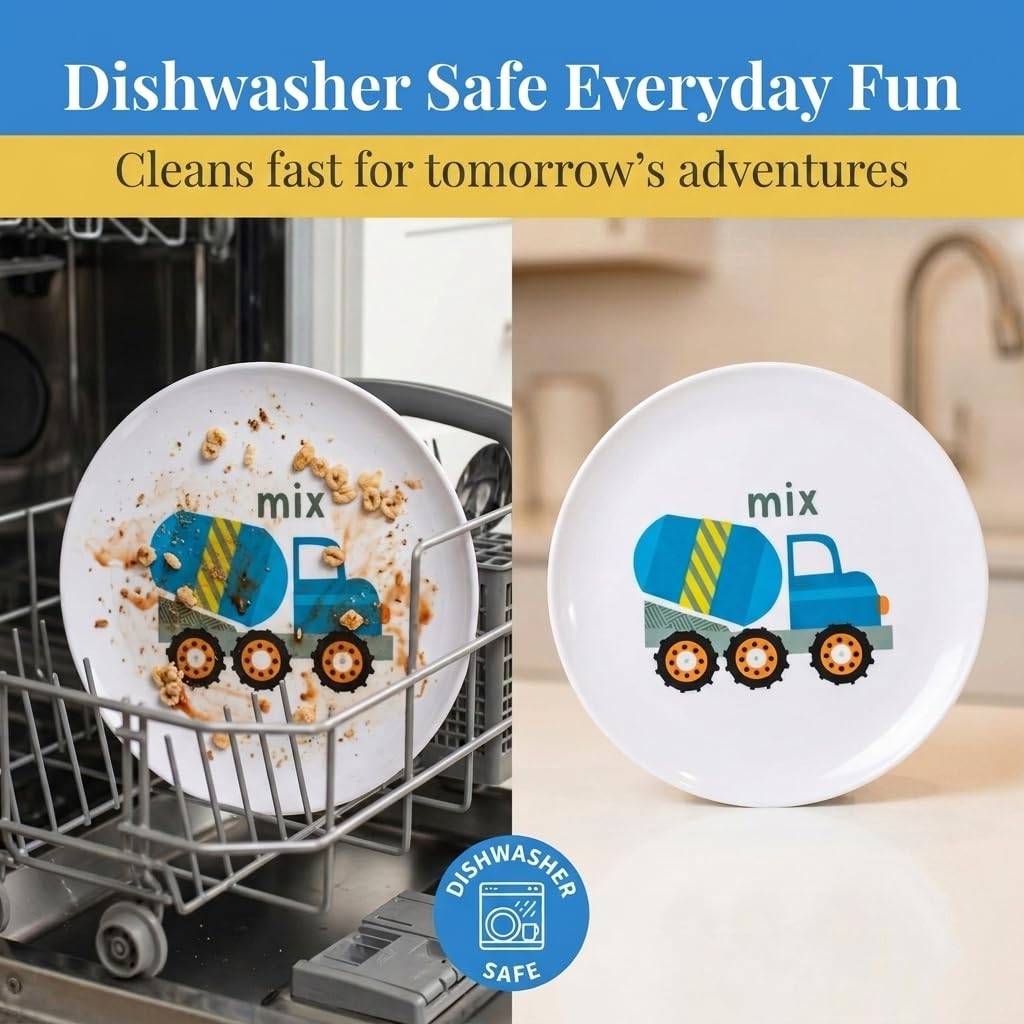 Tiny Expressions bulldozer plate featuring bold graphics to spark dinner curiosity