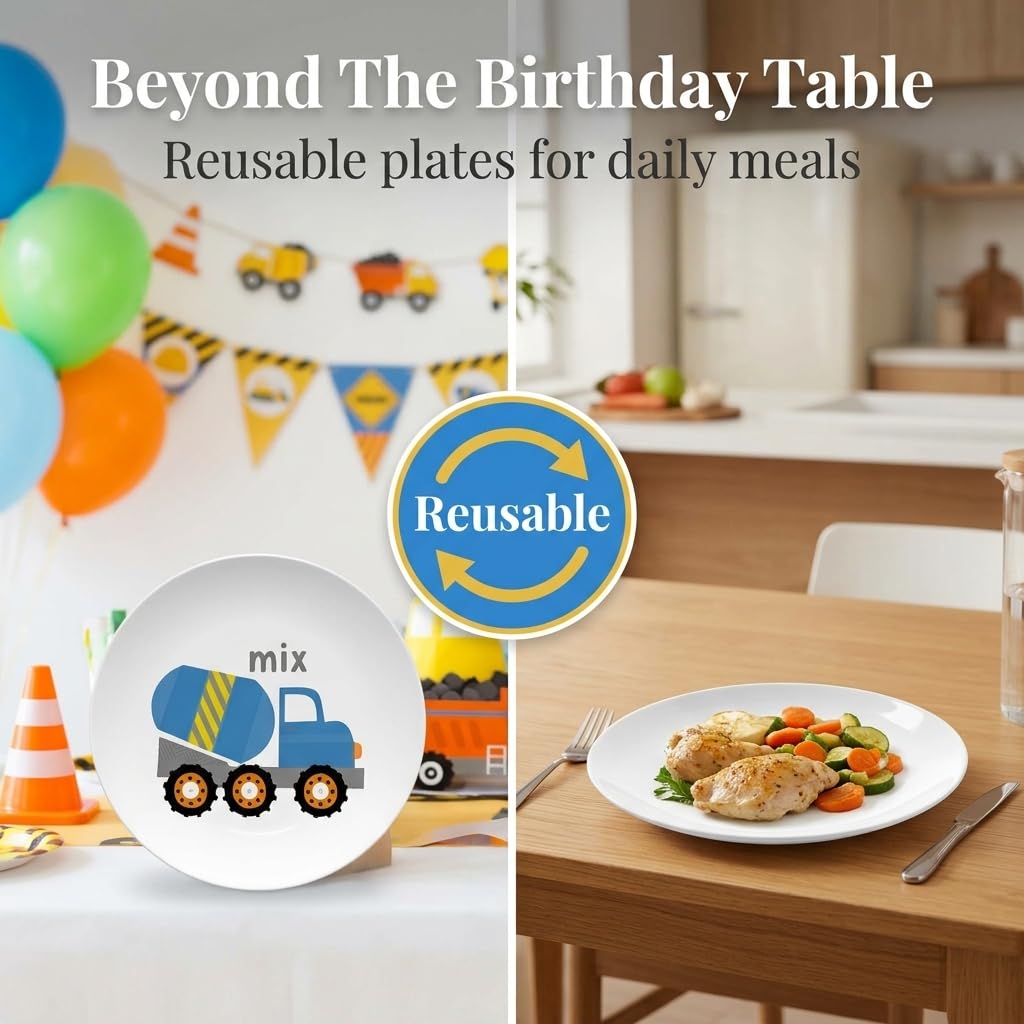 Tiny Expressions dump truck plate with a roomy surface supporting generous meals