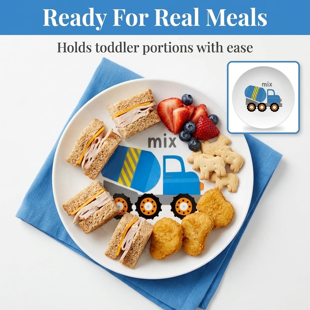 Tiny Expressions excavator plate in bright colors, encourages tidy mealtimes