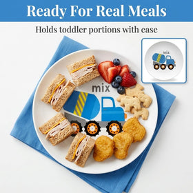 Tiny Expressions excavator plate in bright colors, encourages tidy mealtimes