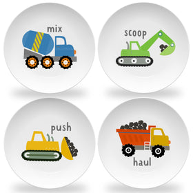 Tiny Expressions mixer plate with playful construction design, ideal for kid-friendly breakfasts