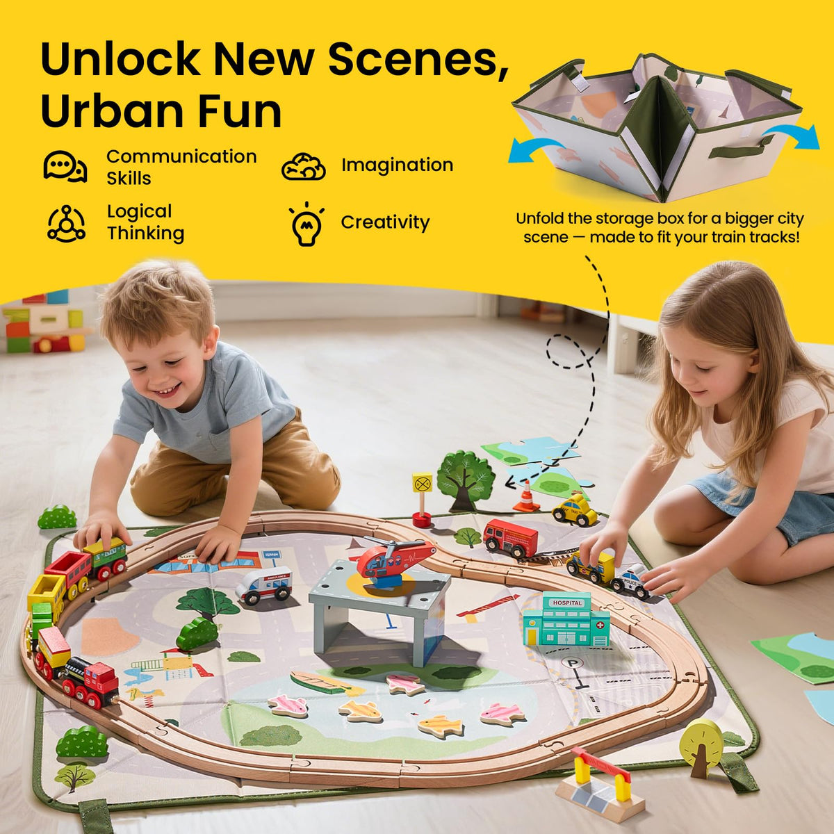 Tiny Land 110pcs train set includes town buildings for cooperative, screen-free fun.