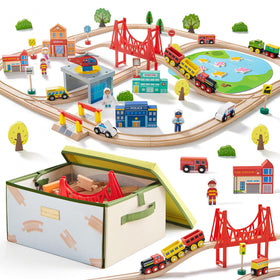 Tiny Land 110pcs wooden train set with storage box for tidy cleanup and travel.