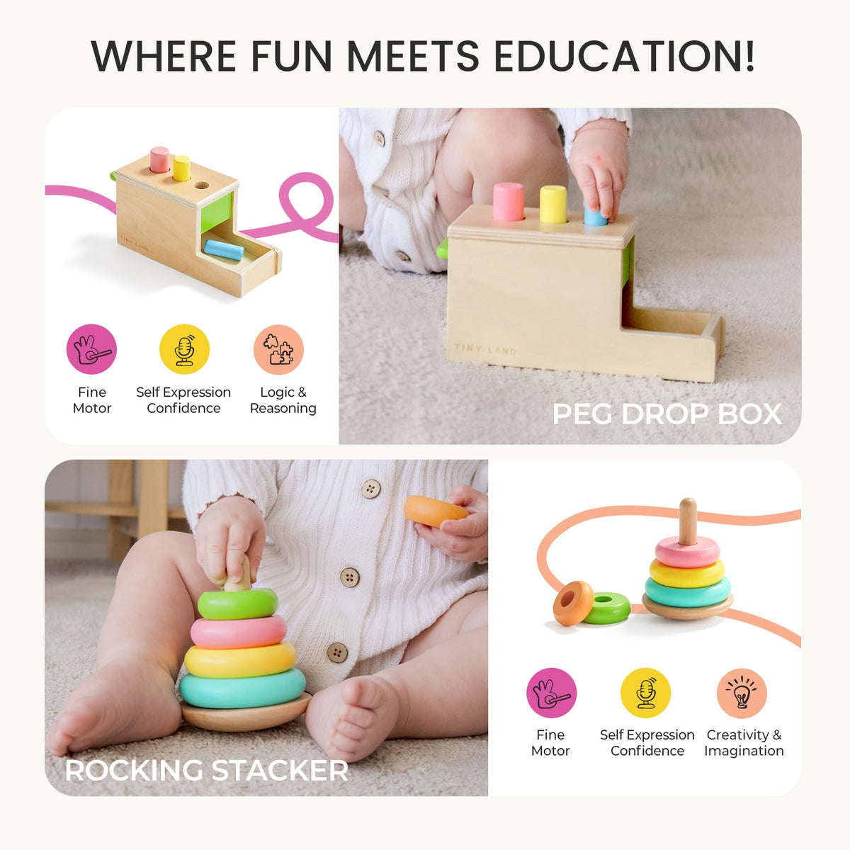Tiny Land crinkle bag adds texture and gentle sound for sensory exploration.