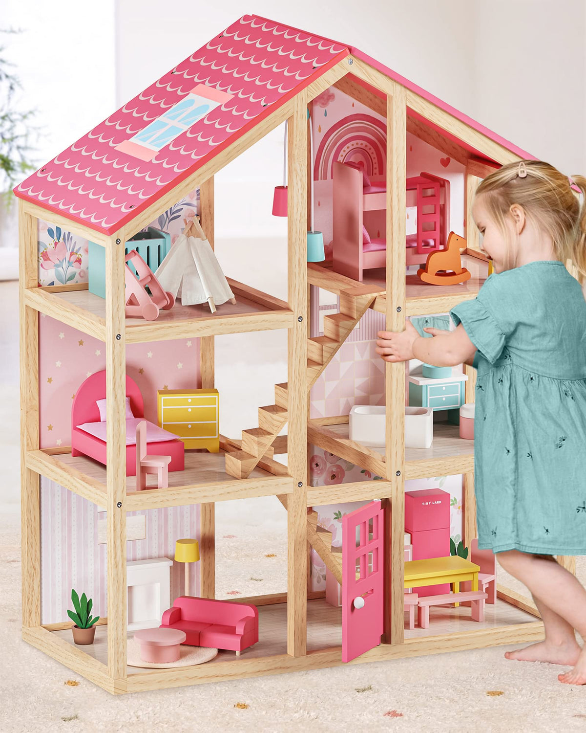 Tiny Land wooden dollhouse with six rooms open-plan for imaginative play