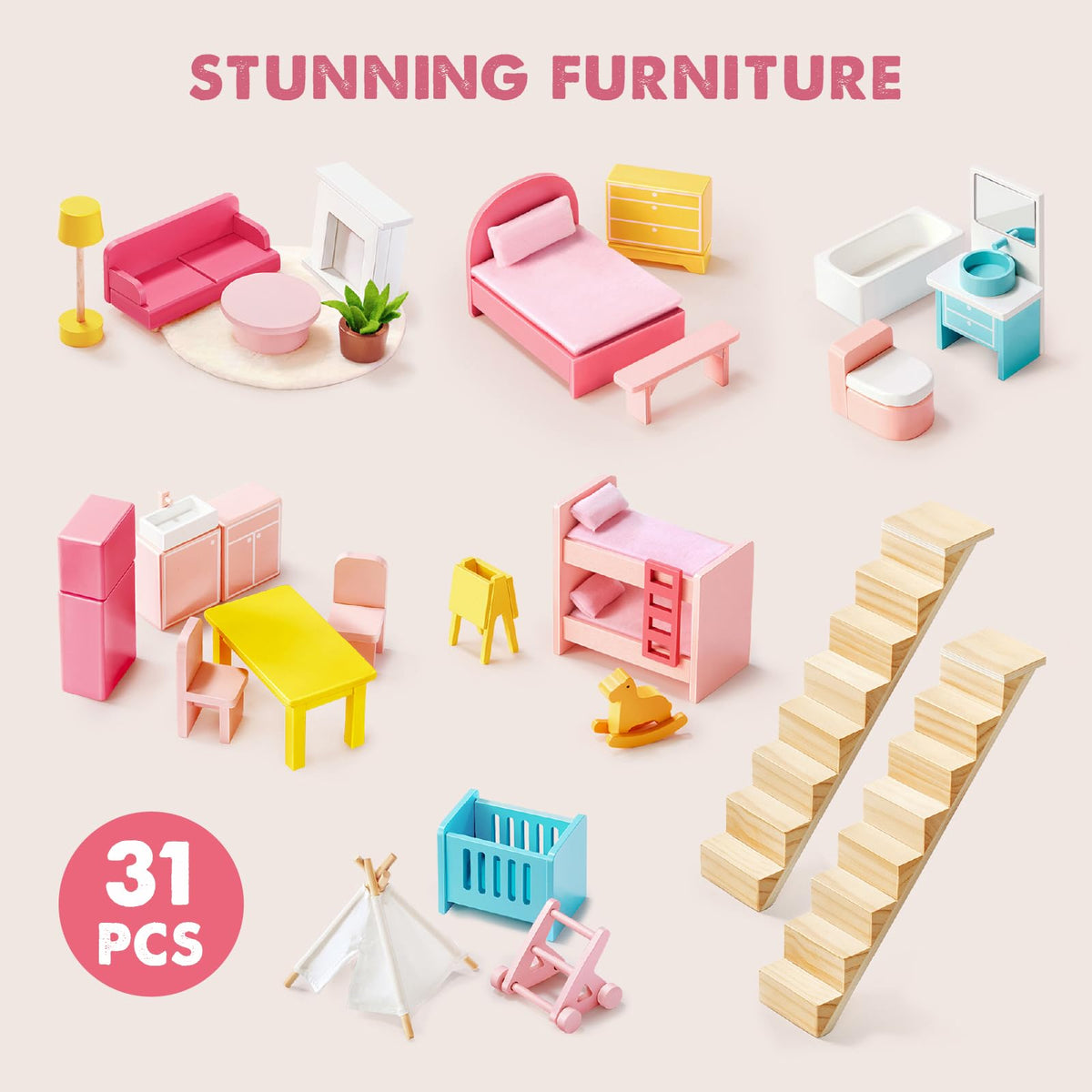 Open-access sides and stairs in the Tiny Land dollhouse encourage exploration