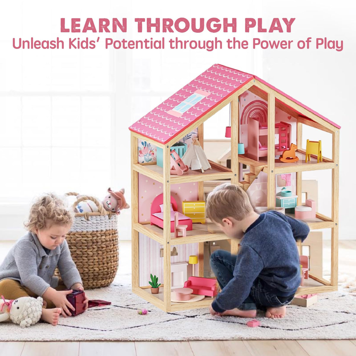 Tiny Land three-story wooden dollhouse showcases durable craftsmanship