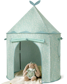 Tiny Land GreenTent interior view shows a cozy reading nook.