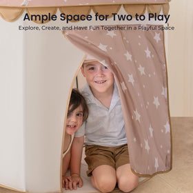 Siblings enjoying Tiny Land tent during indoor playtime