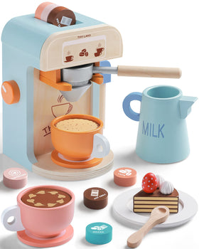 Tiny Land kids coffee maker wooden set with bright colors for imaginative play