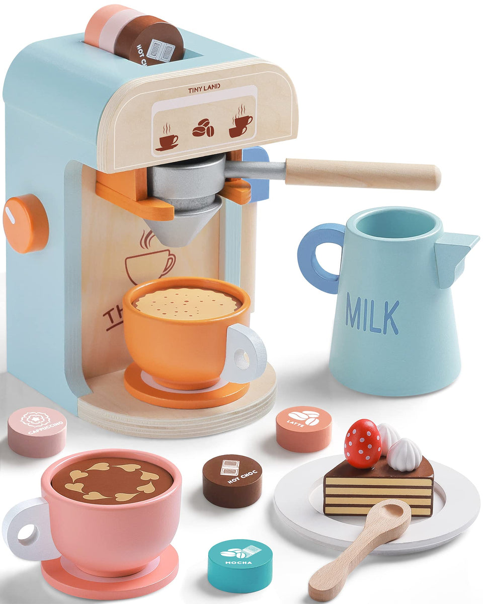 Tiny Land kids coffee maker wooden set with bright colors for imaginative play