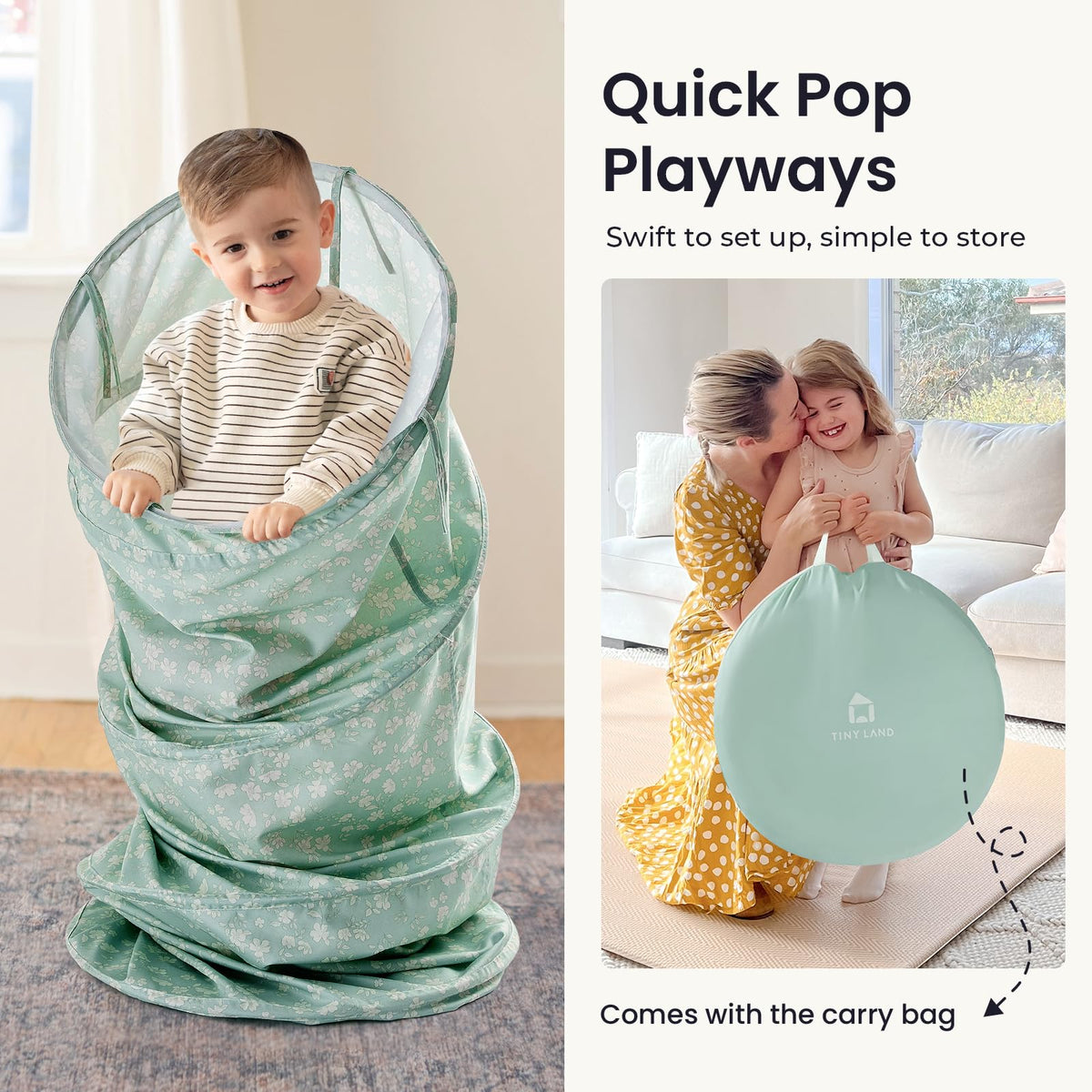 Tiny Land 69x18 inch green tunnel offers ample space for crawling adventures.