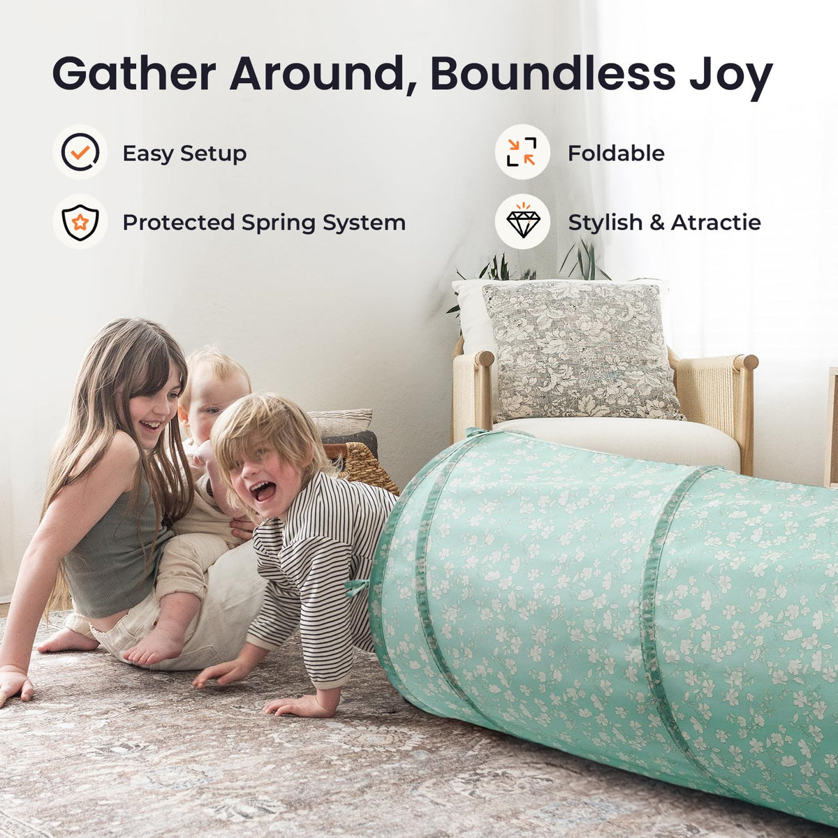 Tiny Land foldable tunnel stored in its bag for easy travel and tidy rooms.