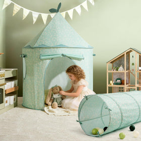 Kids navigate an obstacle-like setup using the Tiny Land tunnel.