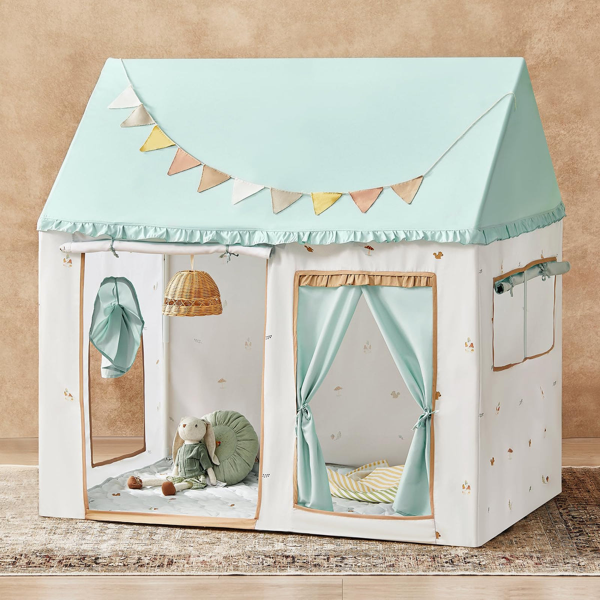 Tiny Land kids tent green forest front view showing inviting play space