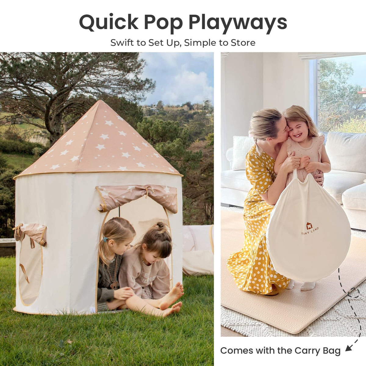 Tiny Land modern beige tent with star pattern complements playroom décor.