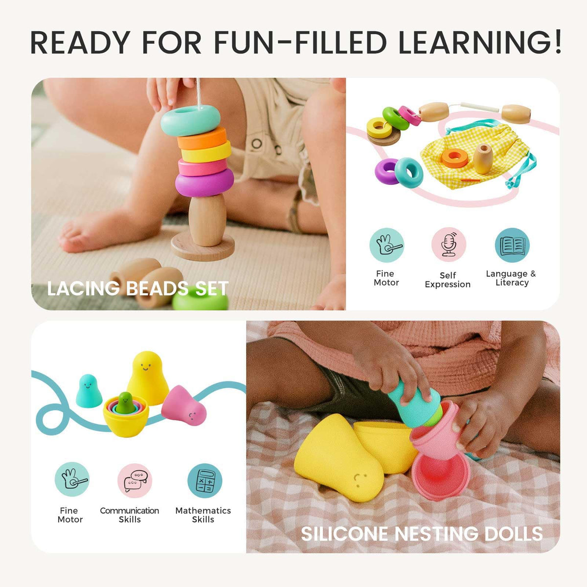 Tiny Land Montessori toy set silicone nesting dolls invite size, order, and sequencing exploration
