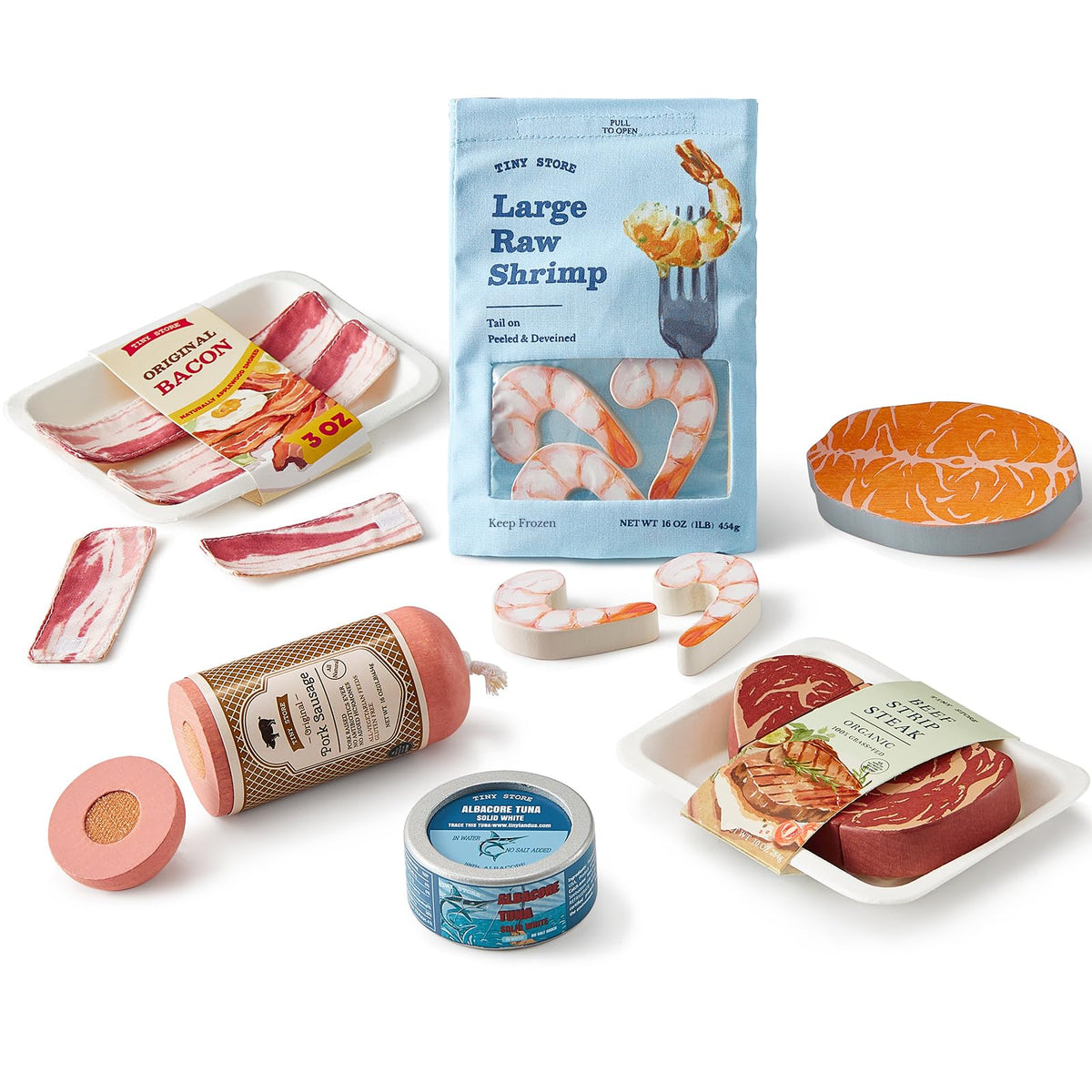 Tiny Land Organic Play Food Set shrimp pouch—realistic packaging sparks pretend shopping.