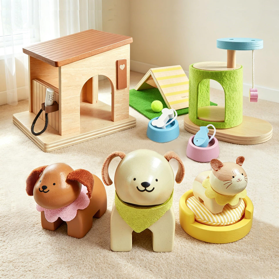 Tiny Land pet care playset with house and animals supports imaginative pretend play.