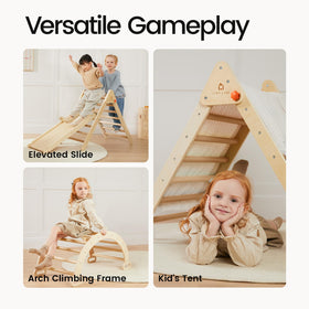 Tiny Land Pikler Triangle 7-in-1 setup offers diverse activities to develop motor skills.
