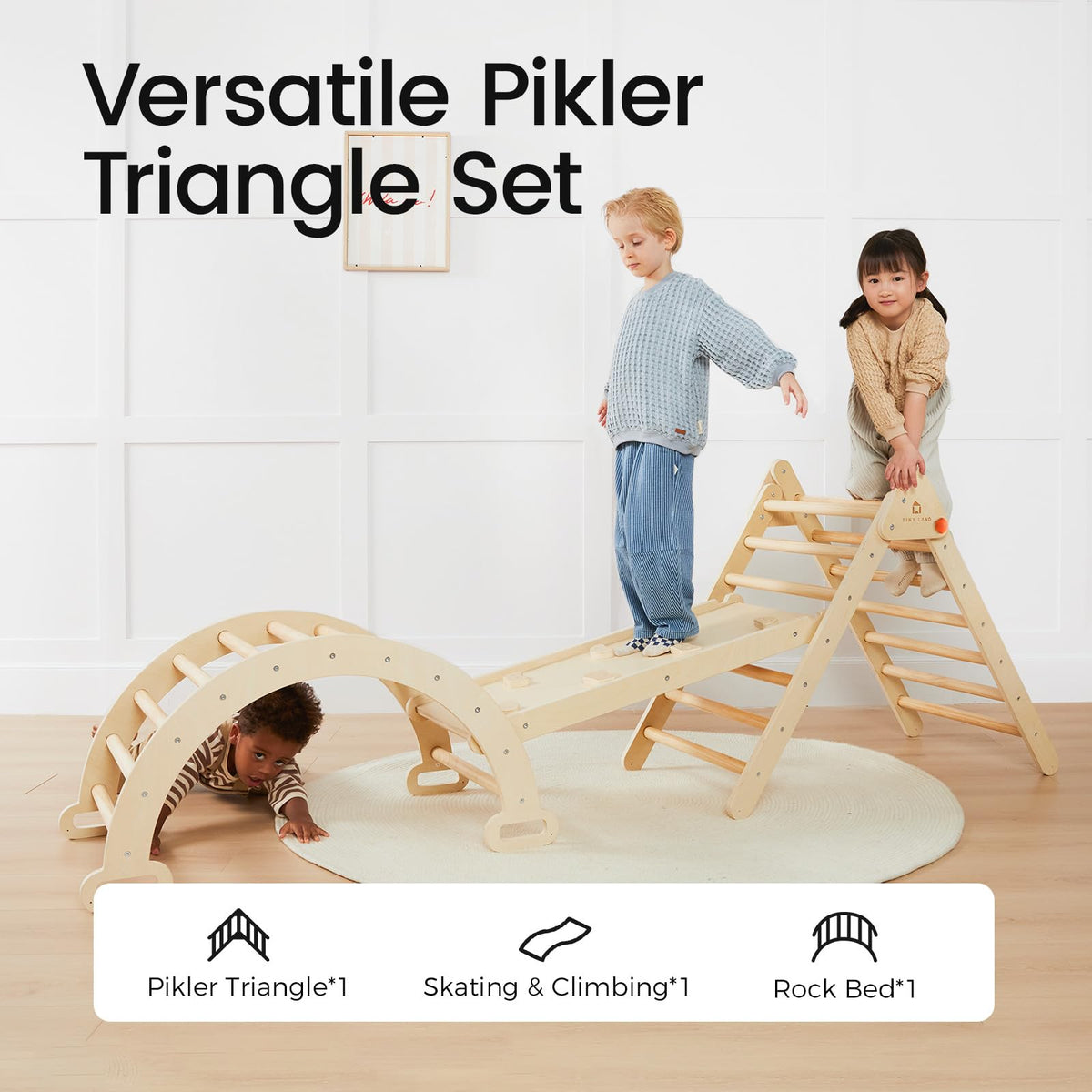 Tiny Land Pikler Triangle open play mode invites climbing and balance in a safe indoor space.