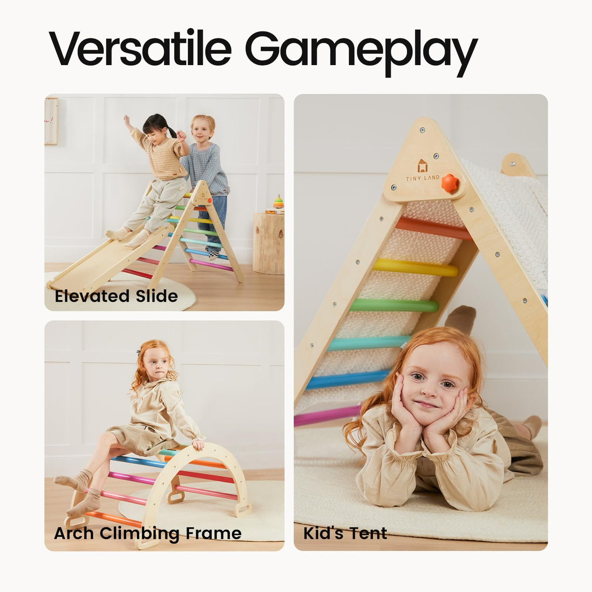 Tiny Land Pikler Rainbow arch-rocker mode enables versatile, engaging play sessions.
