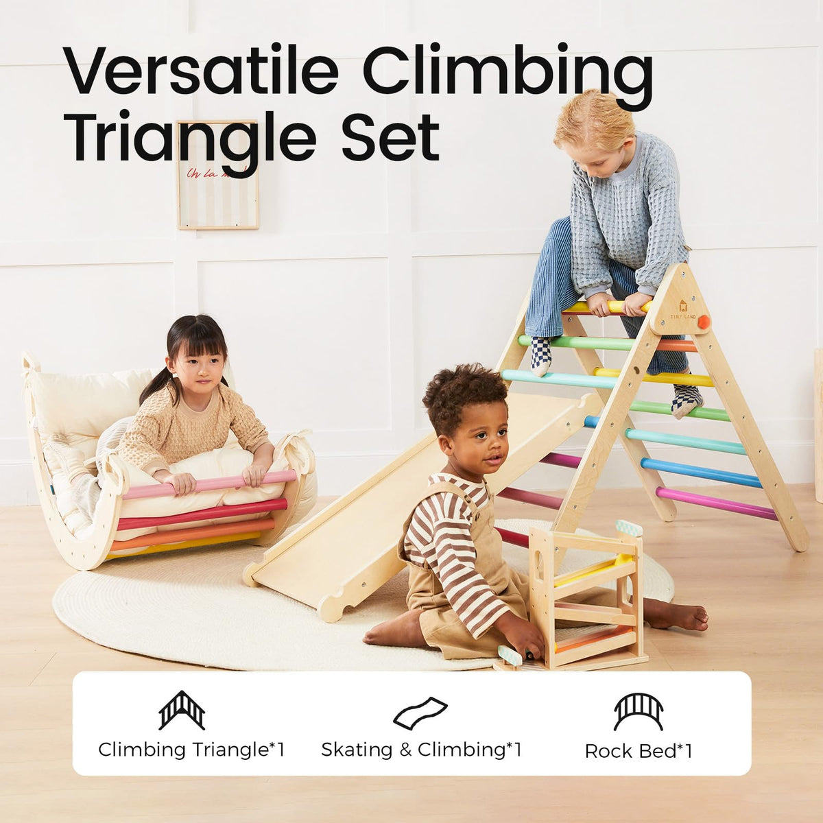 Tiny Land Pikler Triangle Set climbing board highlights coordination development for toddlers.