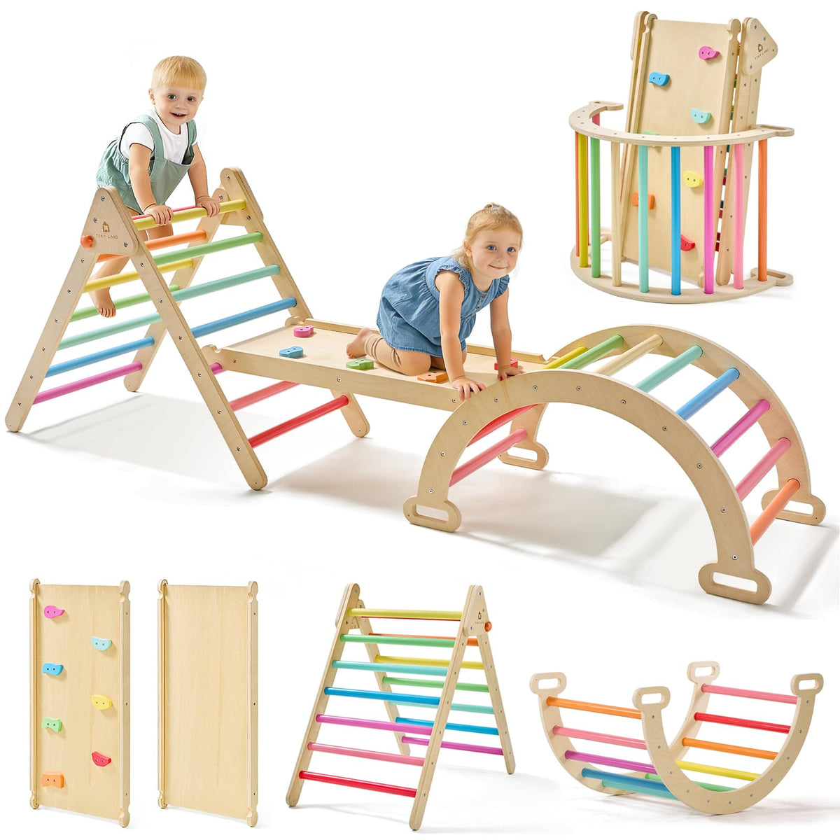 Tiny Land Pikler Triangle Rainbow foldable, inviting safe indoor play and balance practice.