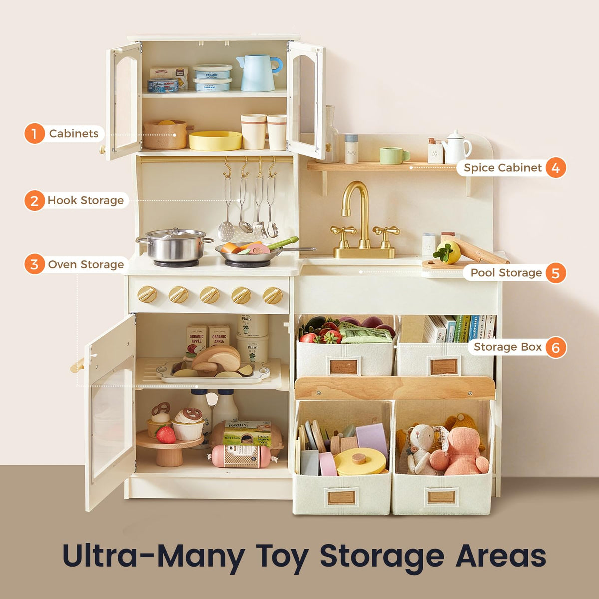 Built-in hooks on the Tiny Land kitchen for hanging utensils during play