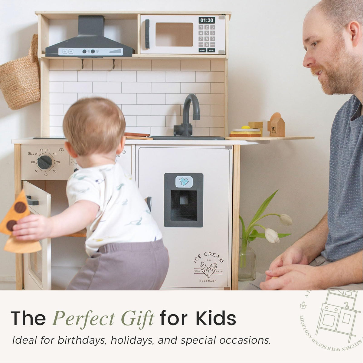 Tiny Land play kitchen wooden construction provides durable, safe pretend play space.