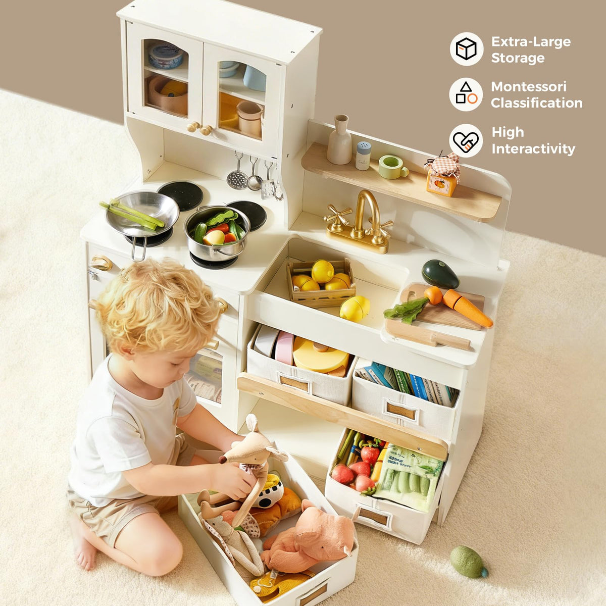 Tiny Land kitchen features soft felt bins to keep pretend food orderly